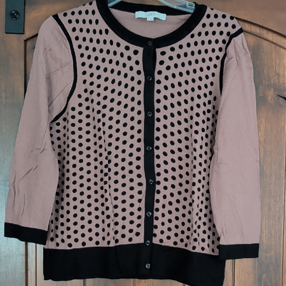 LOFT Dusty Pink & Black Polka Dot Button Cardigan